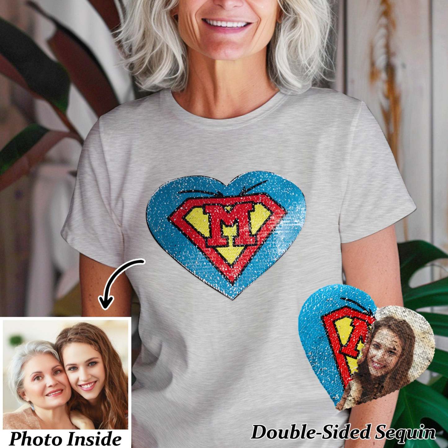 Custom Shirt Personalized Photo Heart Flip Double Sided Sequin T-shirt Personalized T-shirt Custom Picture Sequin Tee Mother's Day Gifts - MyFaceBoxer