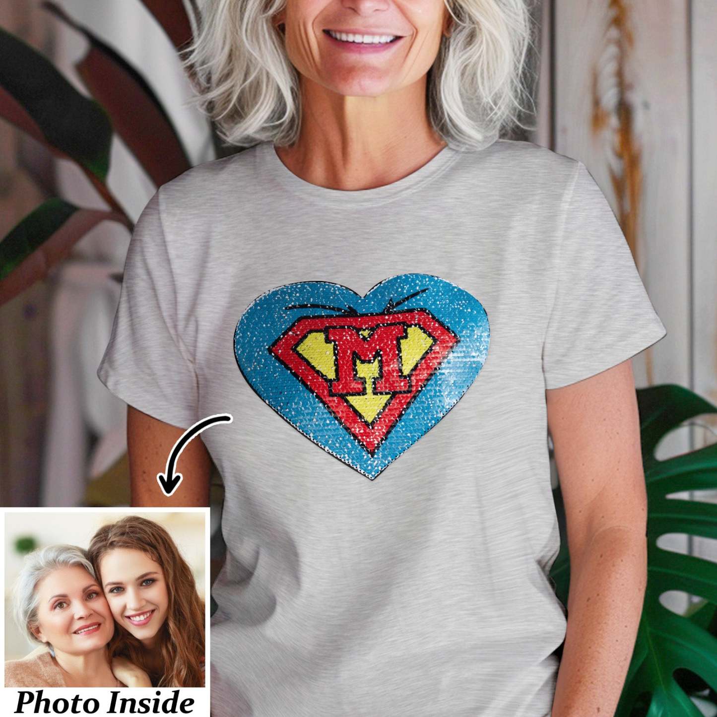 Custom Shirt Personalized Photo Heart Flip Double Sided Sequin T-shirt Personalized T-shirt Custom Picture Sequin Tee Mother's Day Gifts - MyFaceBoxer