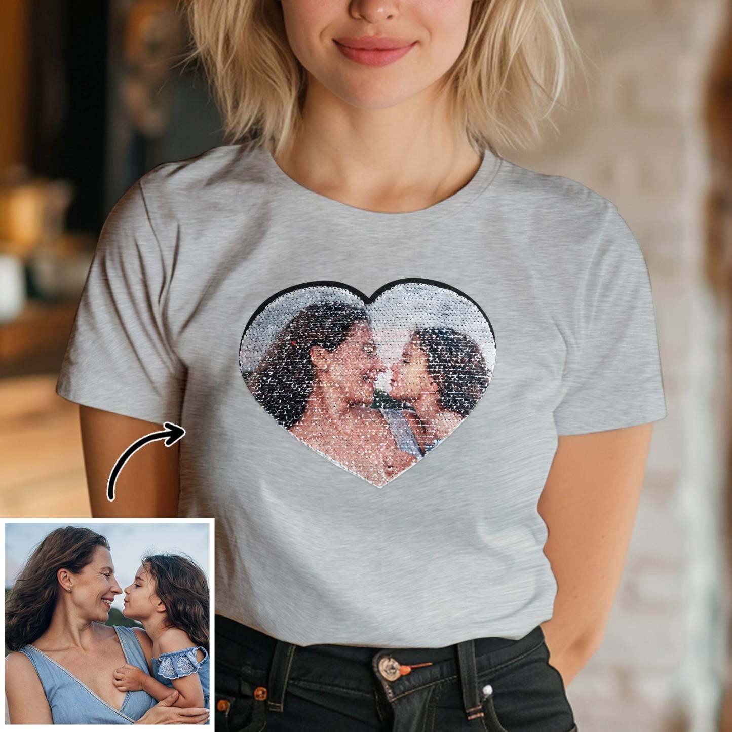 Custom Shirt Personalized Photo Heart Flip Double Sided Sequin T-shirt Personalized T-shirt Custom Picture Sequin Tee Mother's Day Gifts - MyFaceBoxer