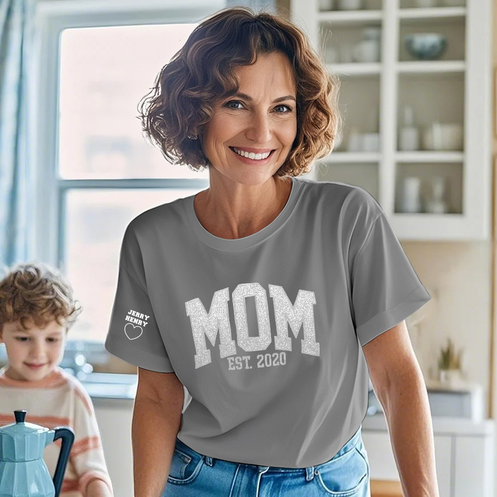 Custom Shirt Personalized Embroidered Glitter Vinyl MAMA T-shirt Gift For Mom & Grandma - MyFaceBoxer