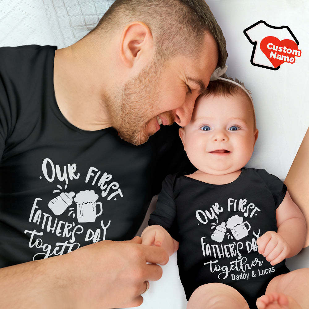 Custom Name Shirt Our First Father's Day Together Gifts For Dad Baby Bottle Daddy And Baby Matching Outfits - MyFaceBoxer