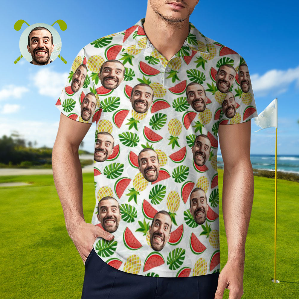 Men's Custom Face Polo Shirt Pineapples and Watermelon Personalized Hawaiian Golf Shirts