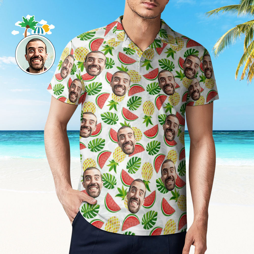 Men's Custom Face Polo Shirt Pineapples and Watermelon Personalized Hawaiian Golf Shirts