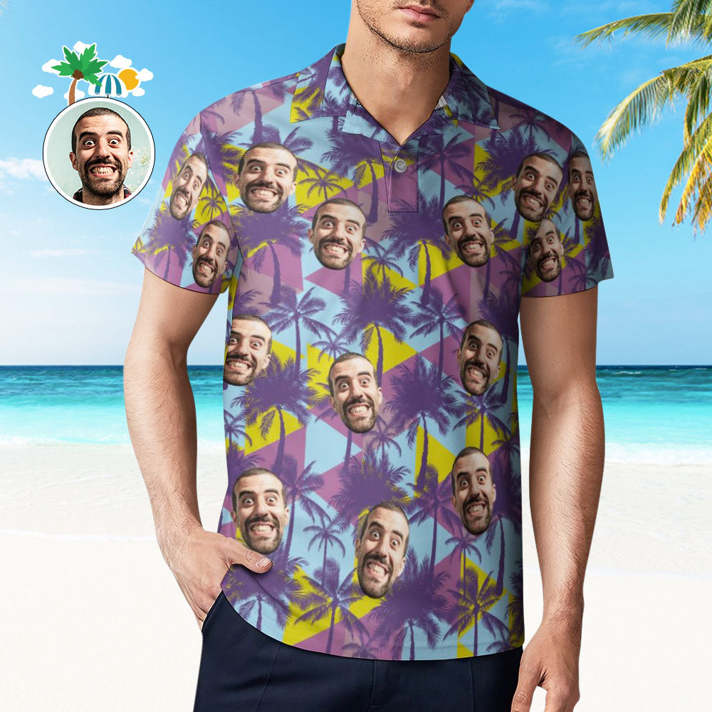 Men's Custom Face Polo Shirt Colorful Coconut Trees Personalized Hawaiian Golf Shirts