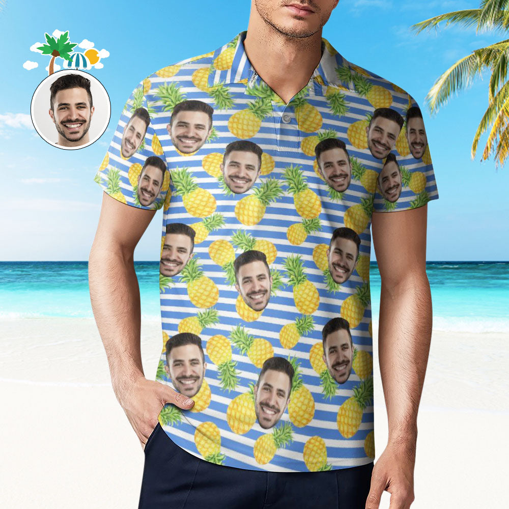 Men's Custom Face Polo Shirt Blue Stripes with Pineapples Personalized Hawaiian Golf Shirts