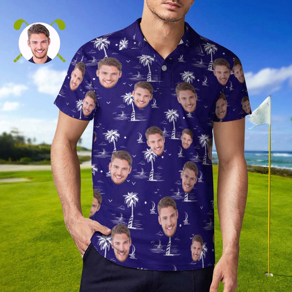 Custom Face Polo Shirt For Men Coconut Tree Island Personalized Hawaiian Golf Shirts - MyFaceBoxerAU