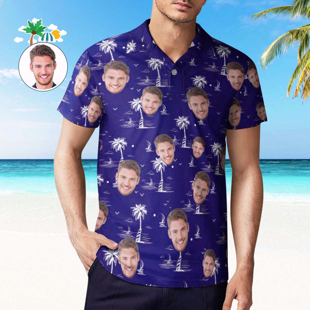 Custom Face Polo Shirt For Men Coconut Tree Island Personalized Hawaiian Golf Shirts