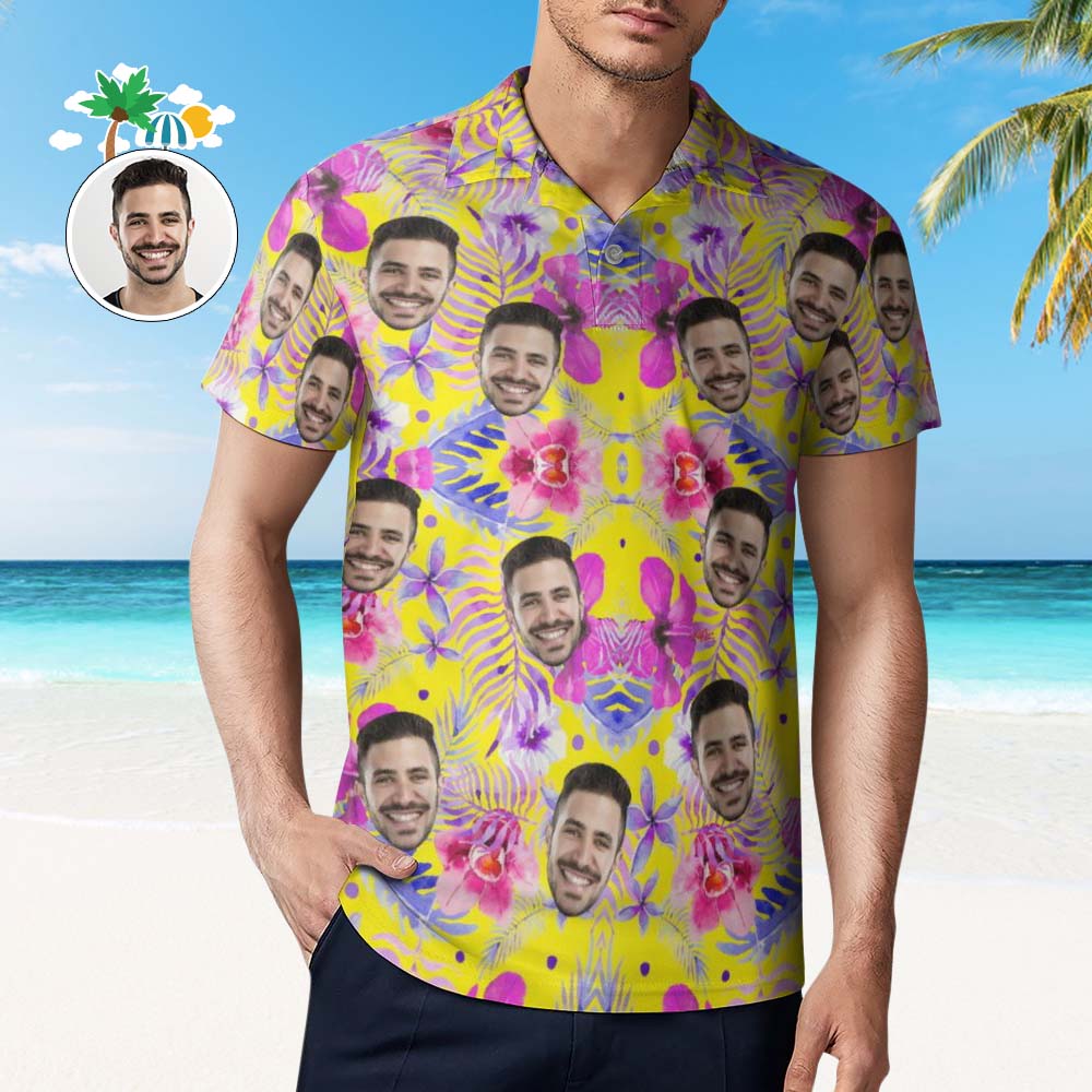 Custom Face Pink Hibiscus Polo Shirt For Men Personalized Hawaiian Golf Shirts