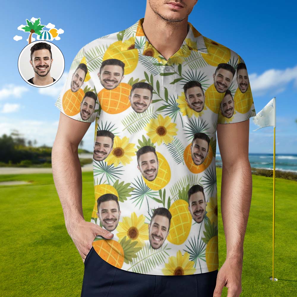 Custom Face Polo Shirt For Men Sunflower and Pineapple Personalized Hawaiian Golf Shirts