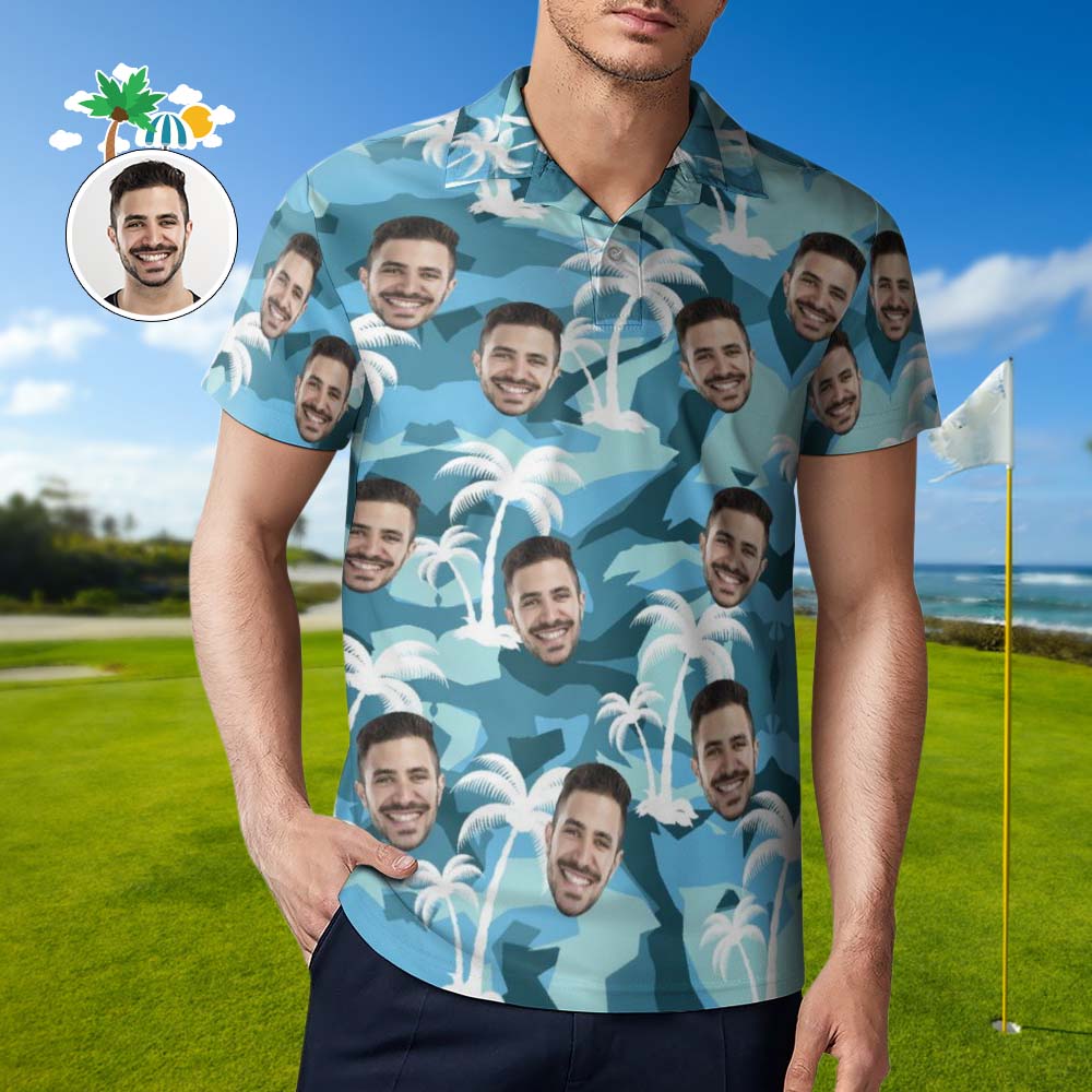 Custom Face White Coconut Tree Polo Shirt Men's Personalized Hawaiian Golf Shirts