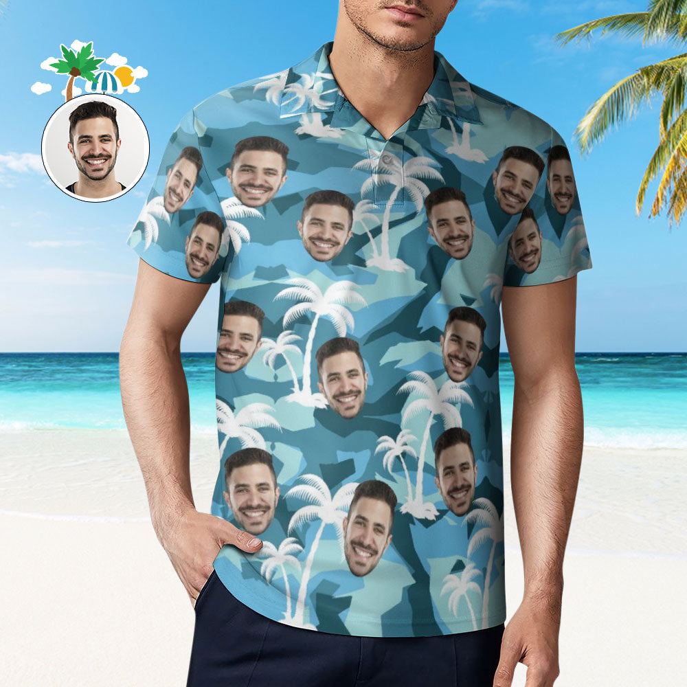 Custom Face White Coconut Tree Polo Shirt Men's Personalized Hawaiian Golf Shirts