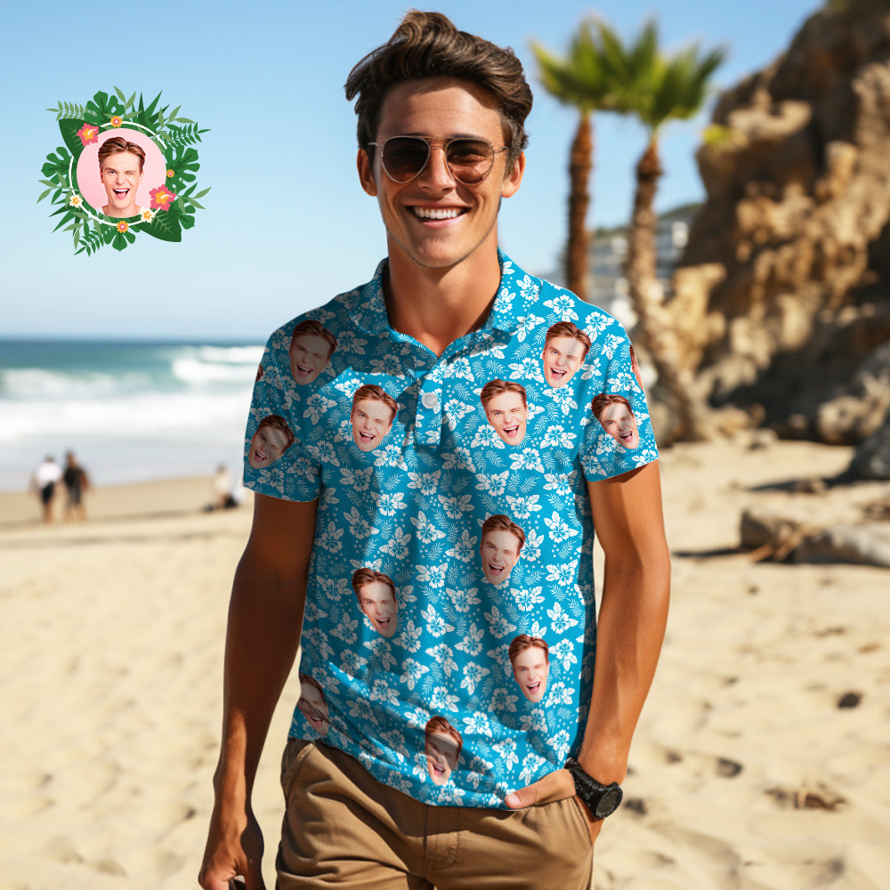 Men's Custom Face Polo Shirt Blue Crush Personalized Hawaiian Golf Shirts Gift for Him