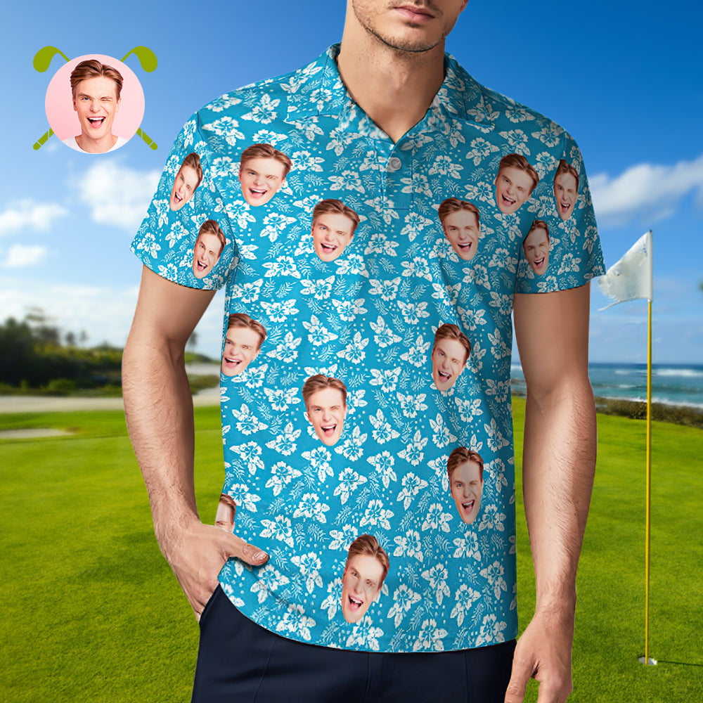 Men's Custom Face Polo Shirt Blue Crush Personalized Hawaiian Golf Shirts Gift for Him