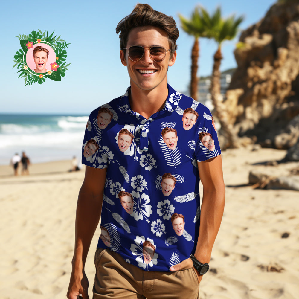 Men's Custom Face Polo Shirt Blue Tropical Vibe Personalized Hawaiian Golf Shirts Gift for Him