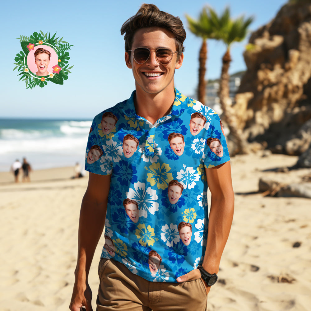 Men's Custom Face Polo Shirt Flowers Bloom Personalized Hawaiian Golf Shirts Gift for Him
