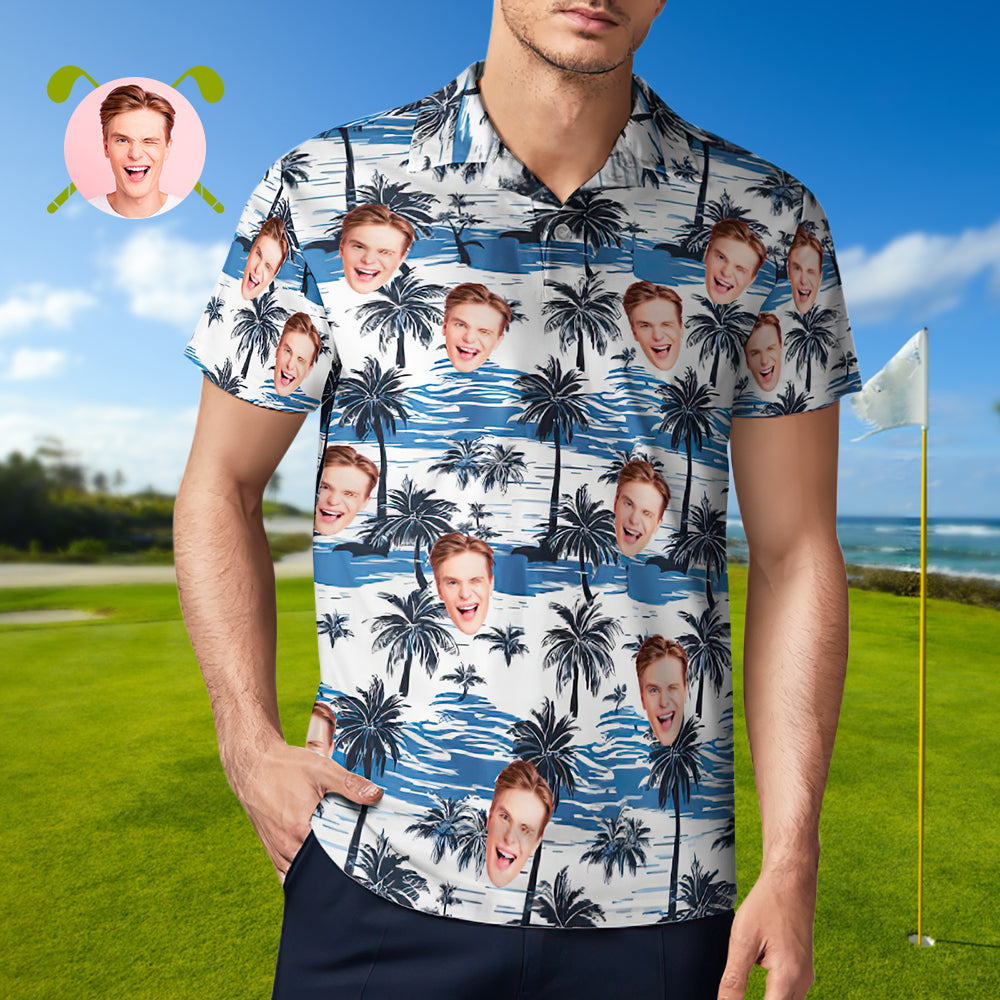 Men's Custom Face Polo Shirt Coconut Island Personalized Hawaiian Golf Shirts Gift for Him