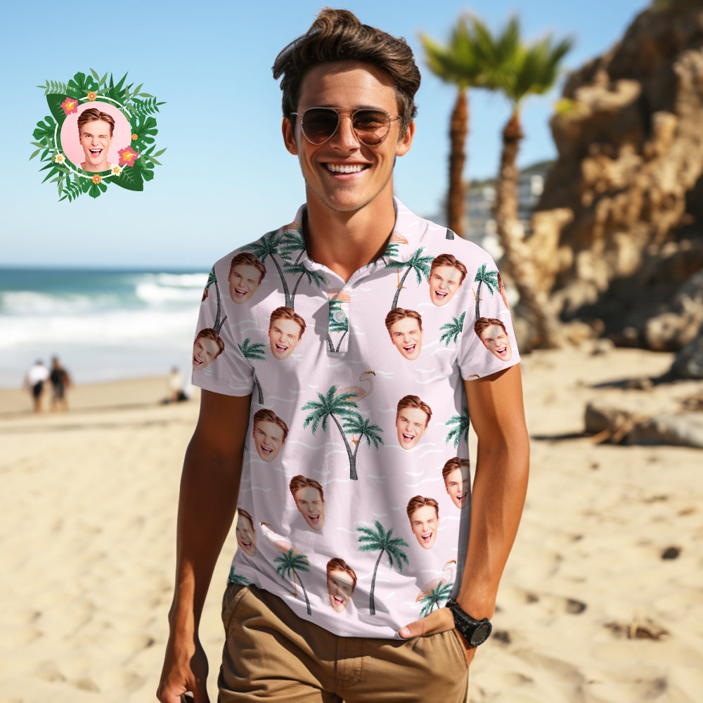 Men's Custom Face Polo Shirt Pink Flamingos Personalized Hawaiian Golf Shirts Gift for Him