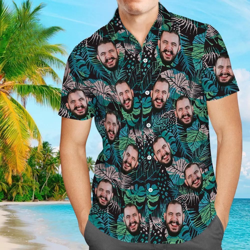 Custom Face Hawaiian Shirt Men's All Over Print Large Leaves Short Sleeve Shirt