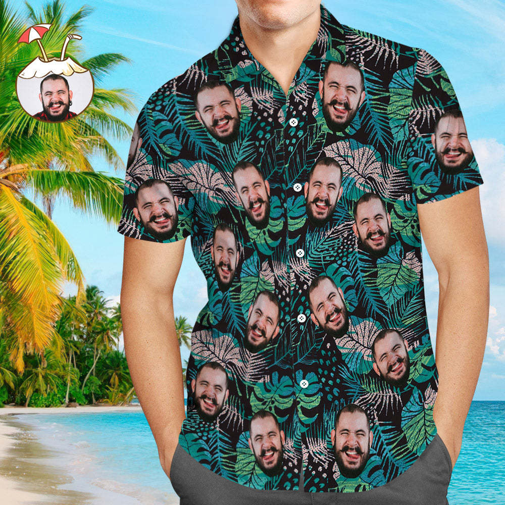 Custom Face Hawaiian Shirt Men's All Over Print Large Leaves Short Sleeve Shirt - MyFaceBoxerAU