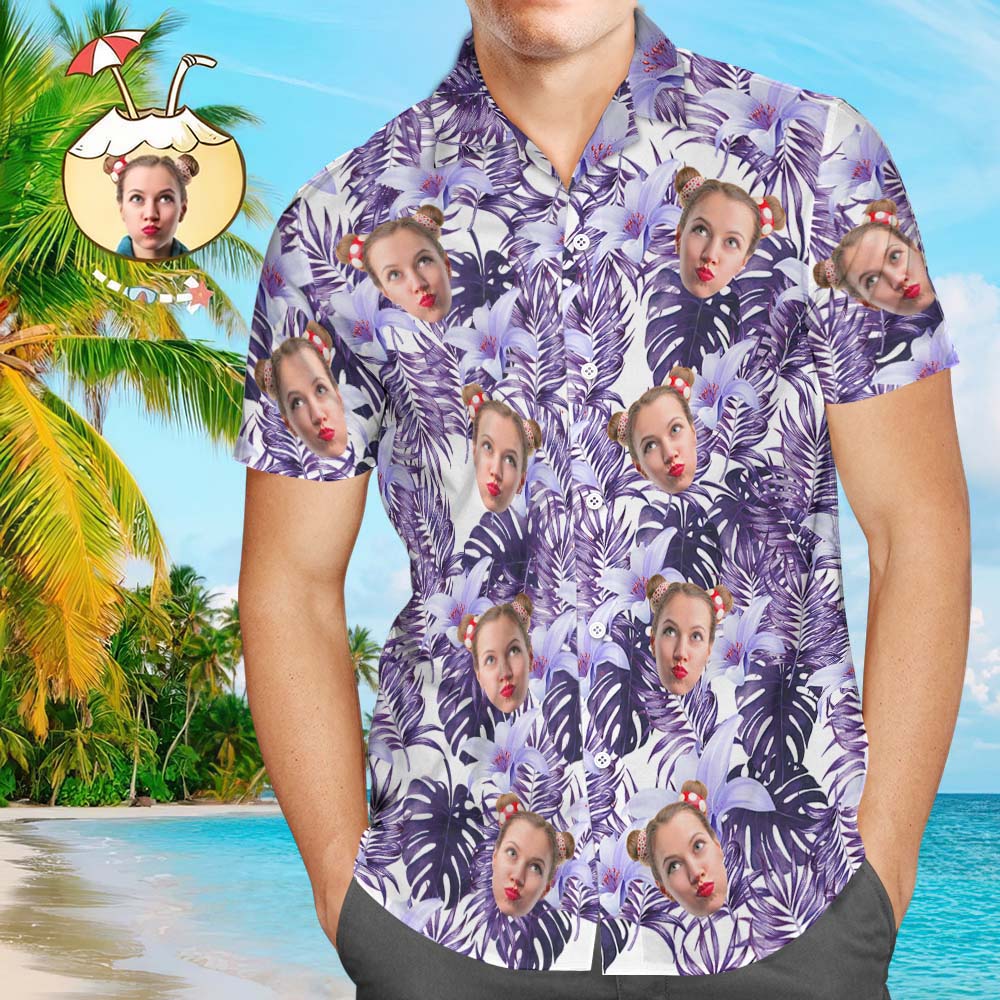 Custom Face Shirt Men's Hawaiian Shirt Purple Flowers - White