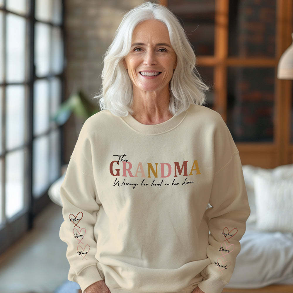 Custom Name Round Neck Sweatshirt Personalized Crewneck Sweatshirts Wear Heart On Sleeve Sweatshirt Mother's Day Gift - MyFaceBoxer