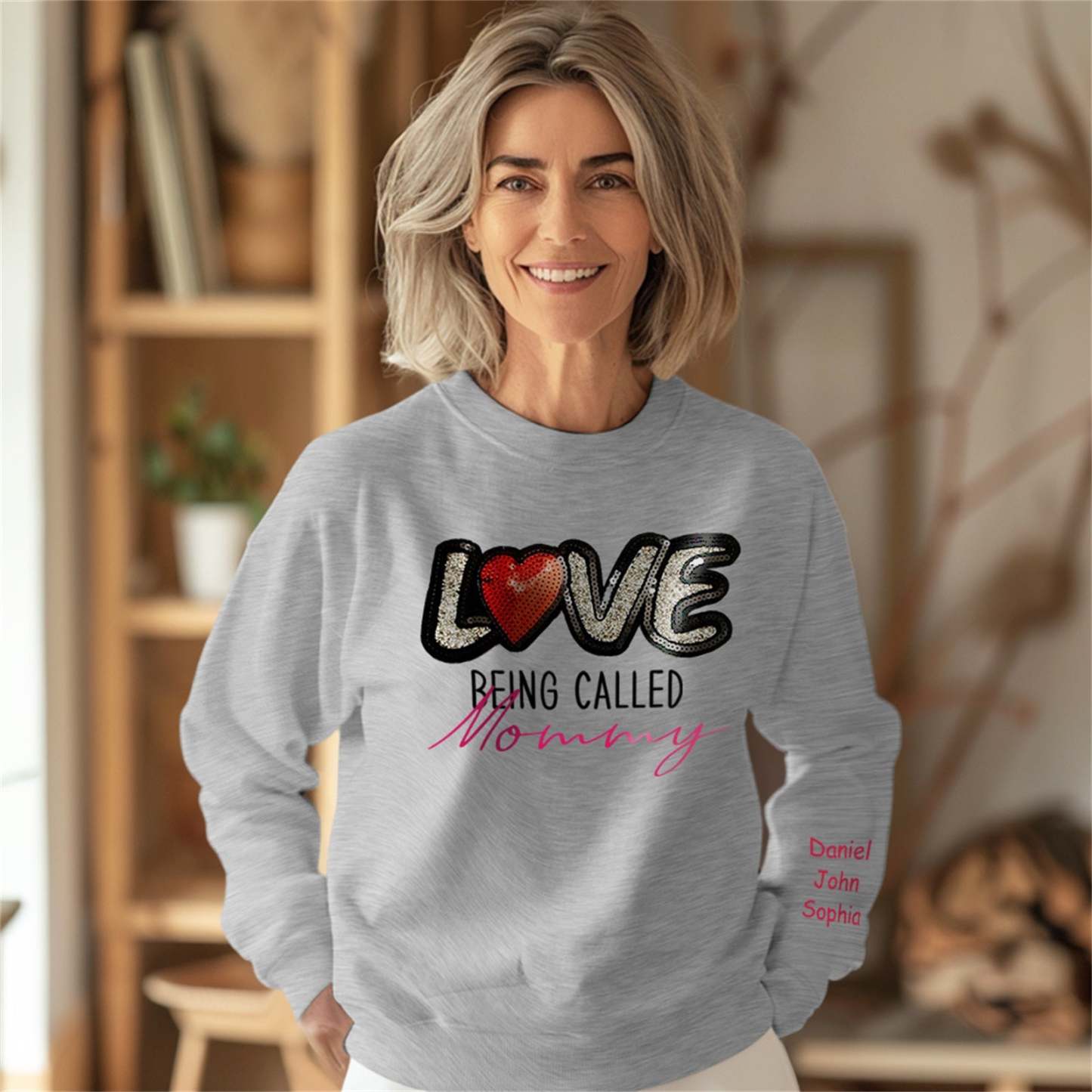 Personalized Names Sweatshirt Custom Sweatshirt with LOVE Sequins Mother's Day Gift - MyFaceBoxer