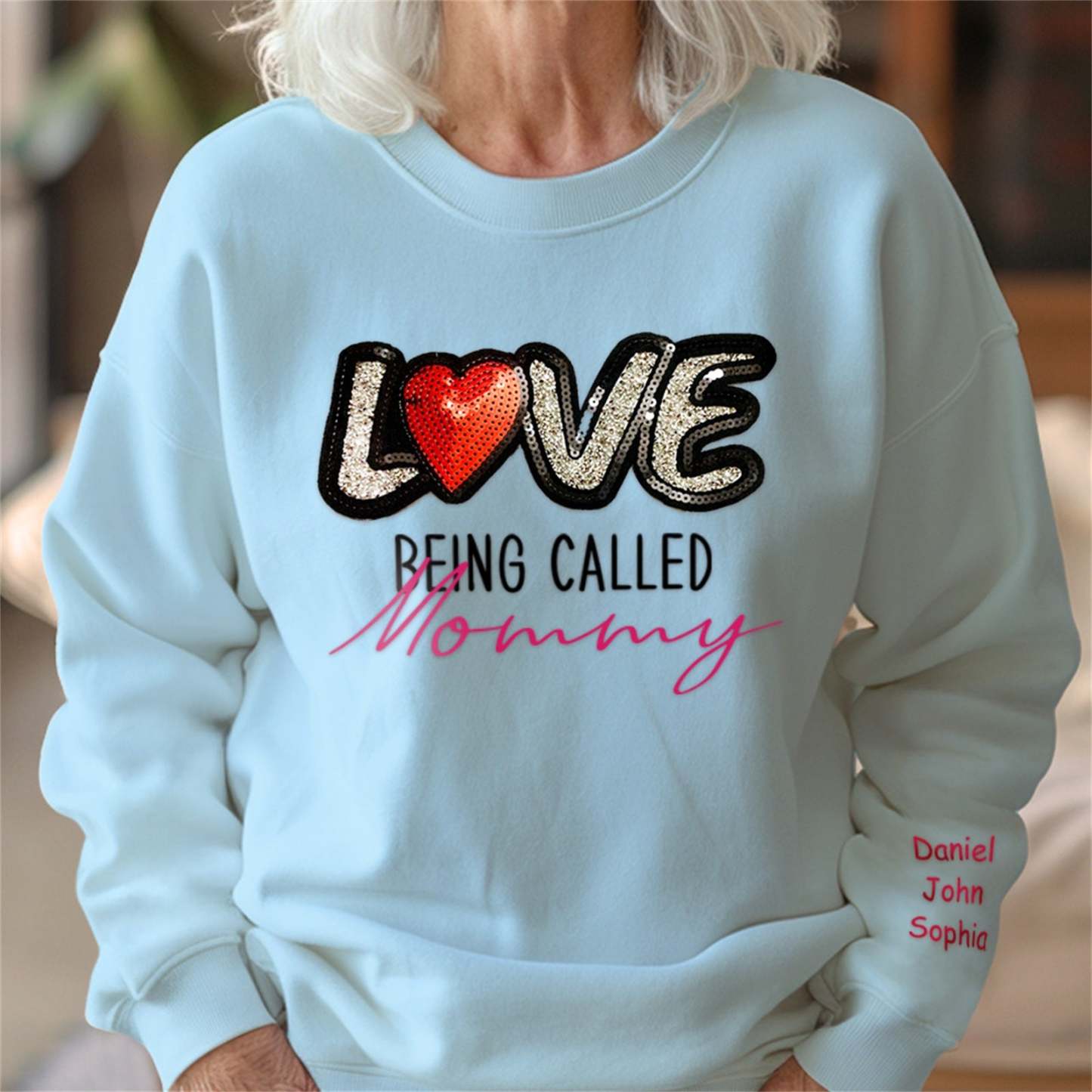 Personalized Names Sweatshirt Custom Sweatshirt with LOVE Sequins Mother's Day Gift - MyFaceBoxer