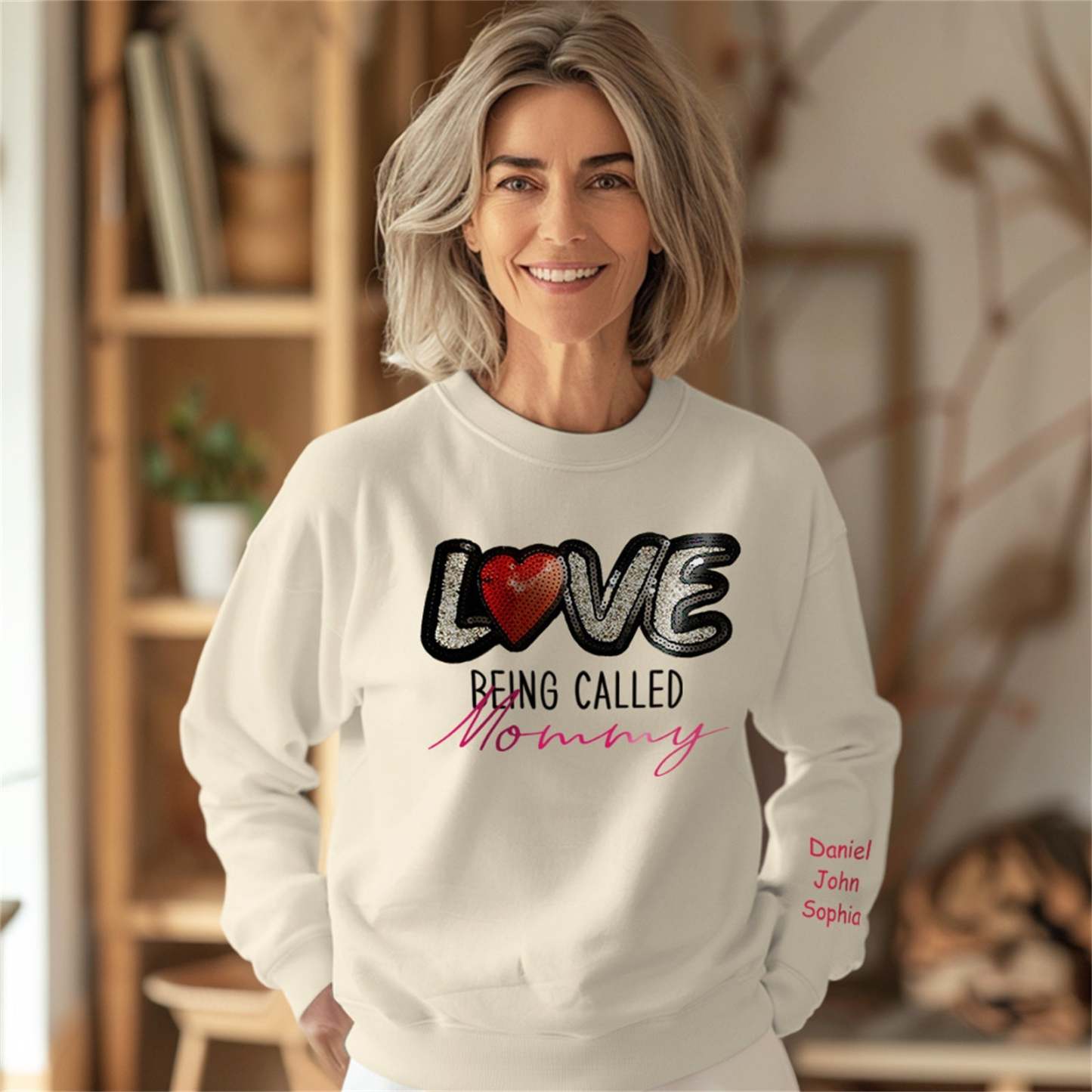 Personalized Names Sweatshirt Custom Sweatshirt with LOVE Sequins Mother's Day Gift - MyFaceBoxer