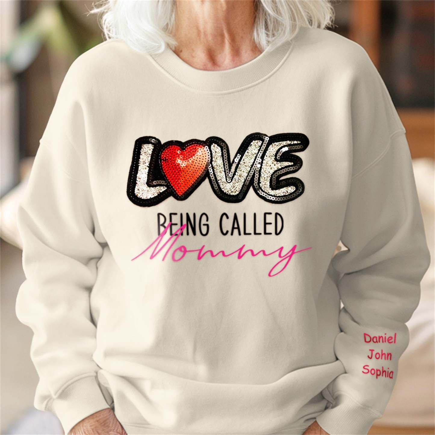 Personalized Names Sweatshirt Custom Sweatshirt with LOVE Sequins Mother's Day Gift - MyFaceBoxer