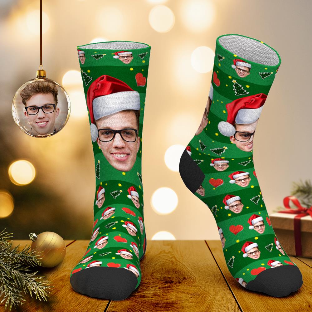 Christmas Gift Custom Face Socks With Heart And Christmas hat