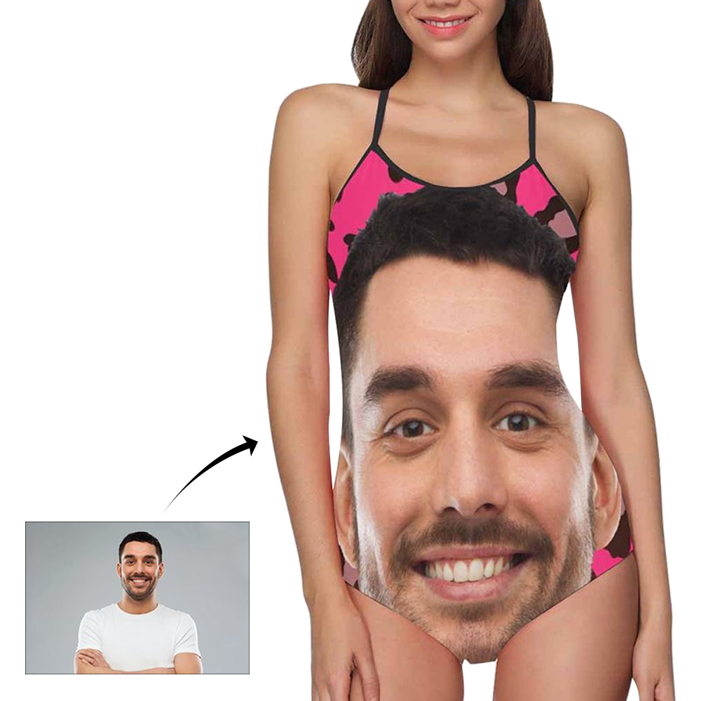 Custom Face Swimwear Women's Photo Slip One Piece Swimsuit - Pink Background - MyFaceBoxer