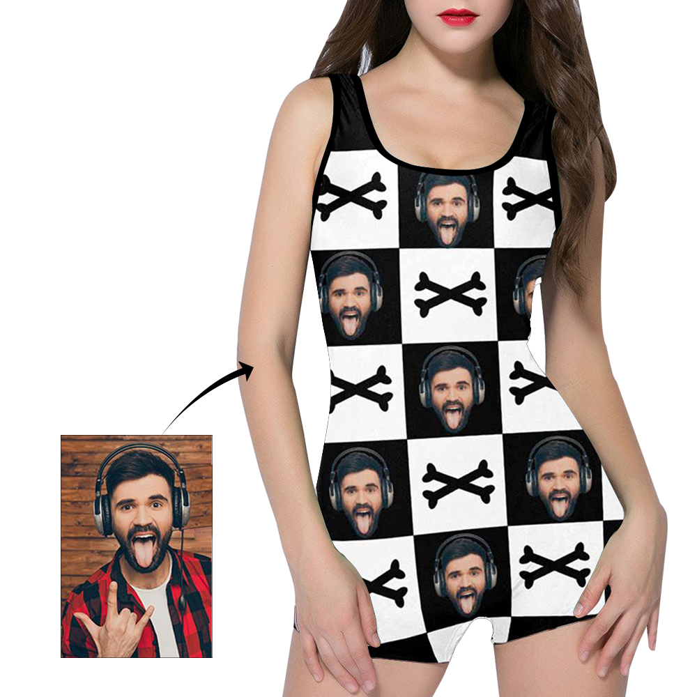 Custom Face Crossbones Black and White Women's One Piece Boyleg Swimsuit - MyFaceBoxer