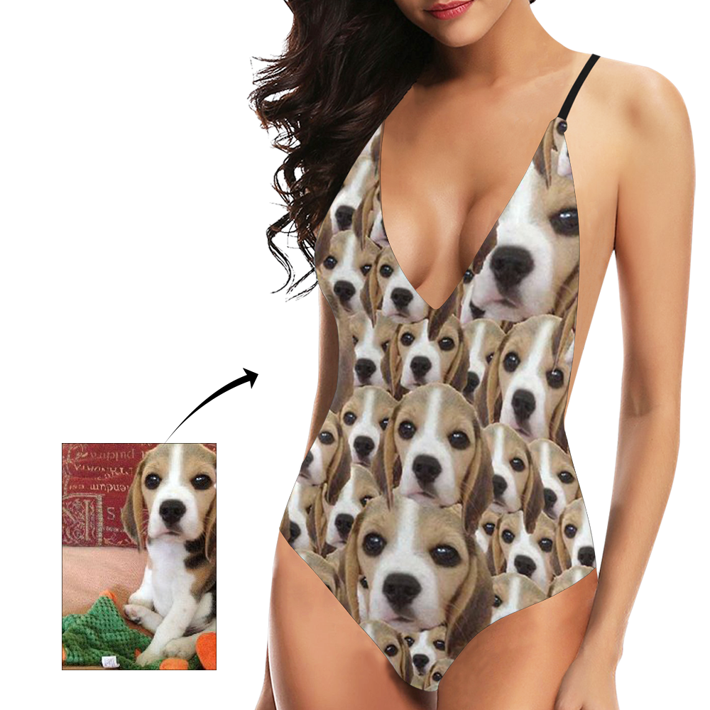 Custom Face V-Neck Bikini Women's Photo One Piece Swimsuit - Cute Dog - MyFaceBoxer