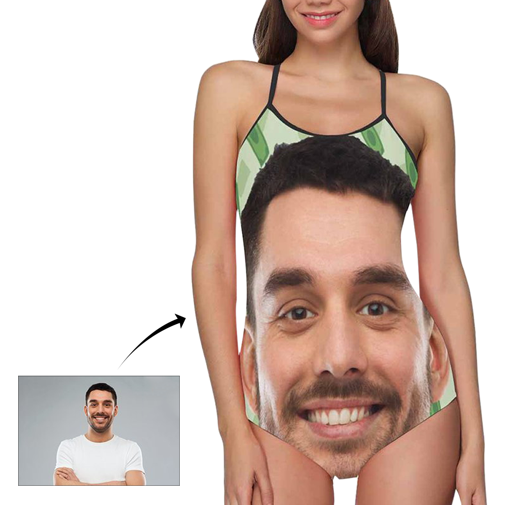 Custom Face Swimwear Women's Photo Slip One Piece Swimsuit - Green Background - MyFaceBoxer