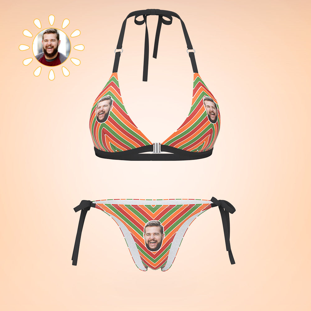 Custom Face Bikini Women's Sexy Back & Front Close Swimwear Colored Stripes Gift For Her - MyFaceBoxer