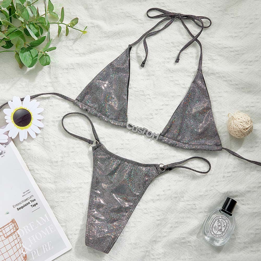 Custom Name Silver Triangle Bikini Sets Sexy DIY Crystal Letters Bikini - MyFaceBoxer