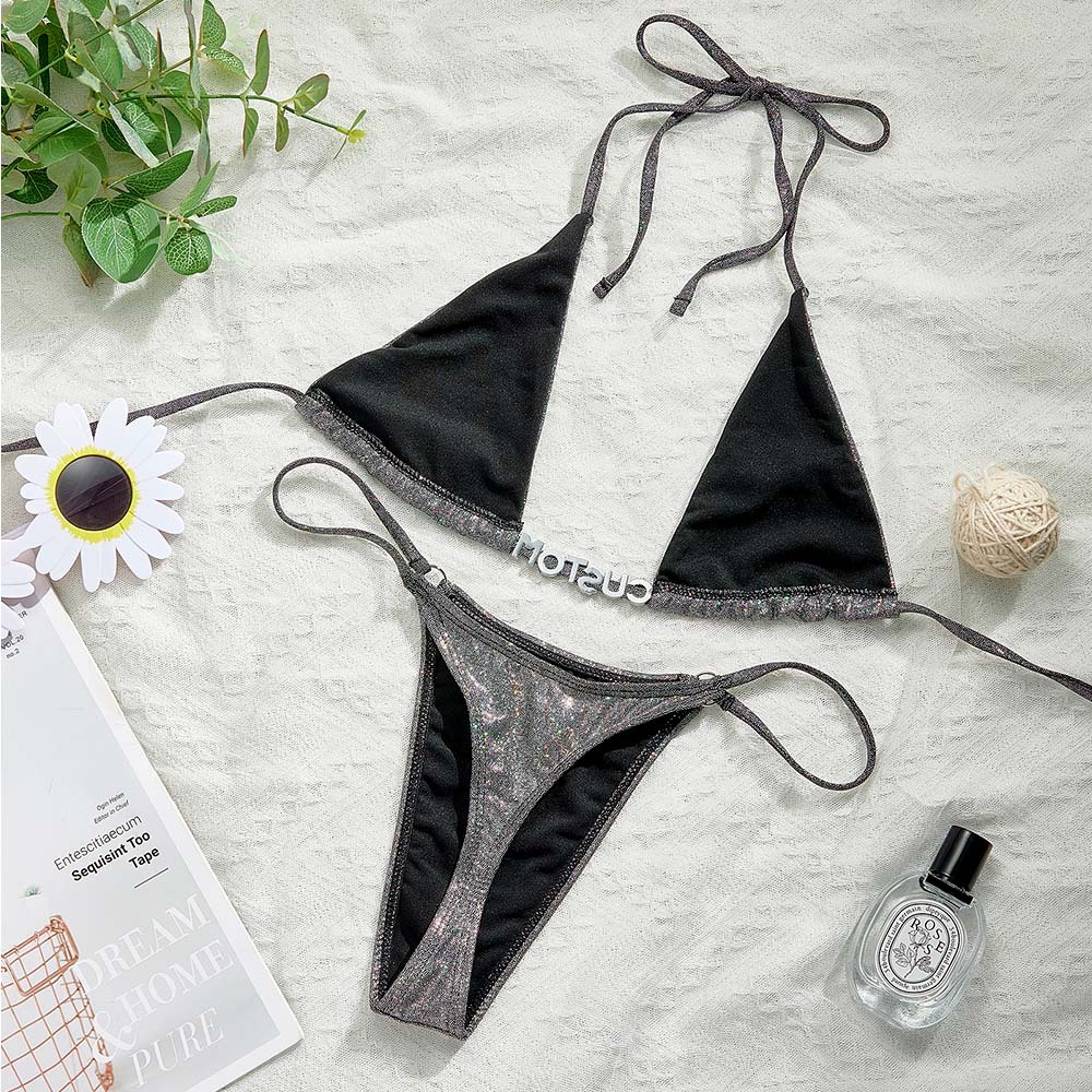 Custom Name Silver Triangle Bikini Sets Sexy DIY Crystal Letters Bikini - MyFaceBoxer