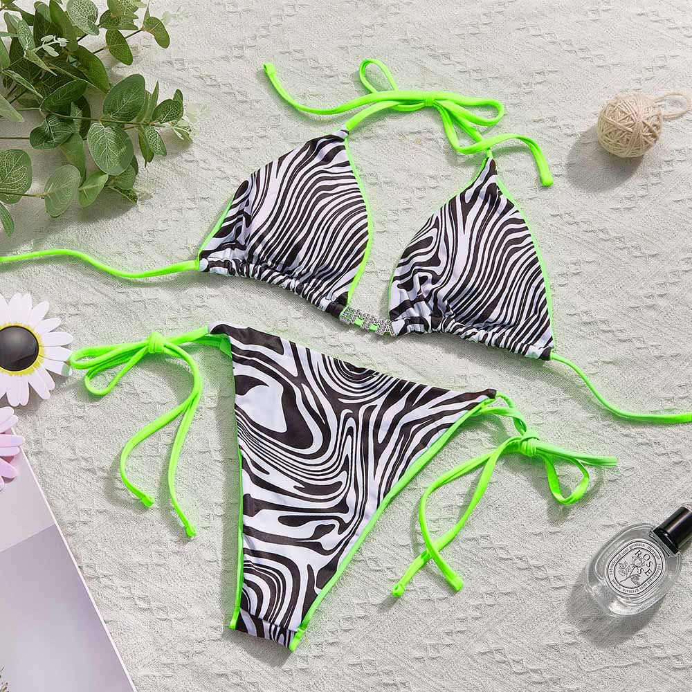 Custom Name Zebra Triangle Halter Bikini Sets Personalized Sexy DIY Crystal Letters Bikini