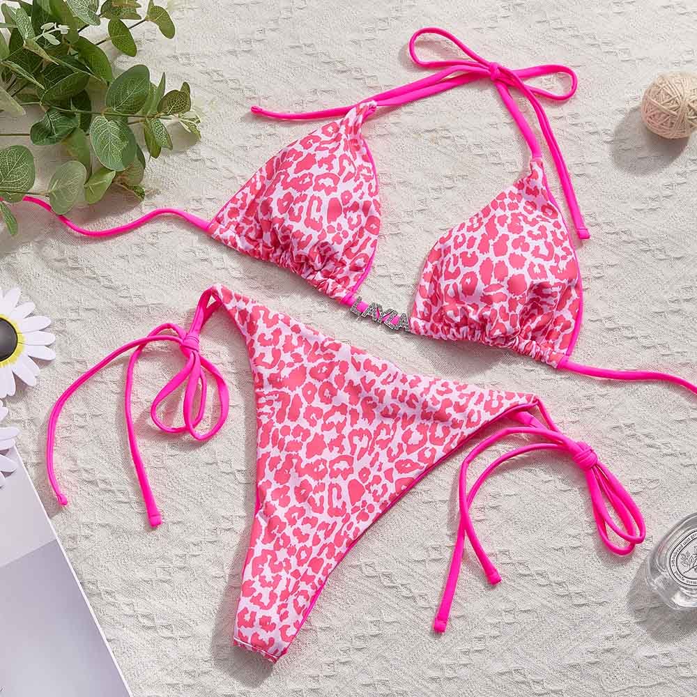 Custom Name Leopard Triangle Halter Bikini Sets Personalized Sexy DIY Crystal Letters Bikini - MyFaceBoxer