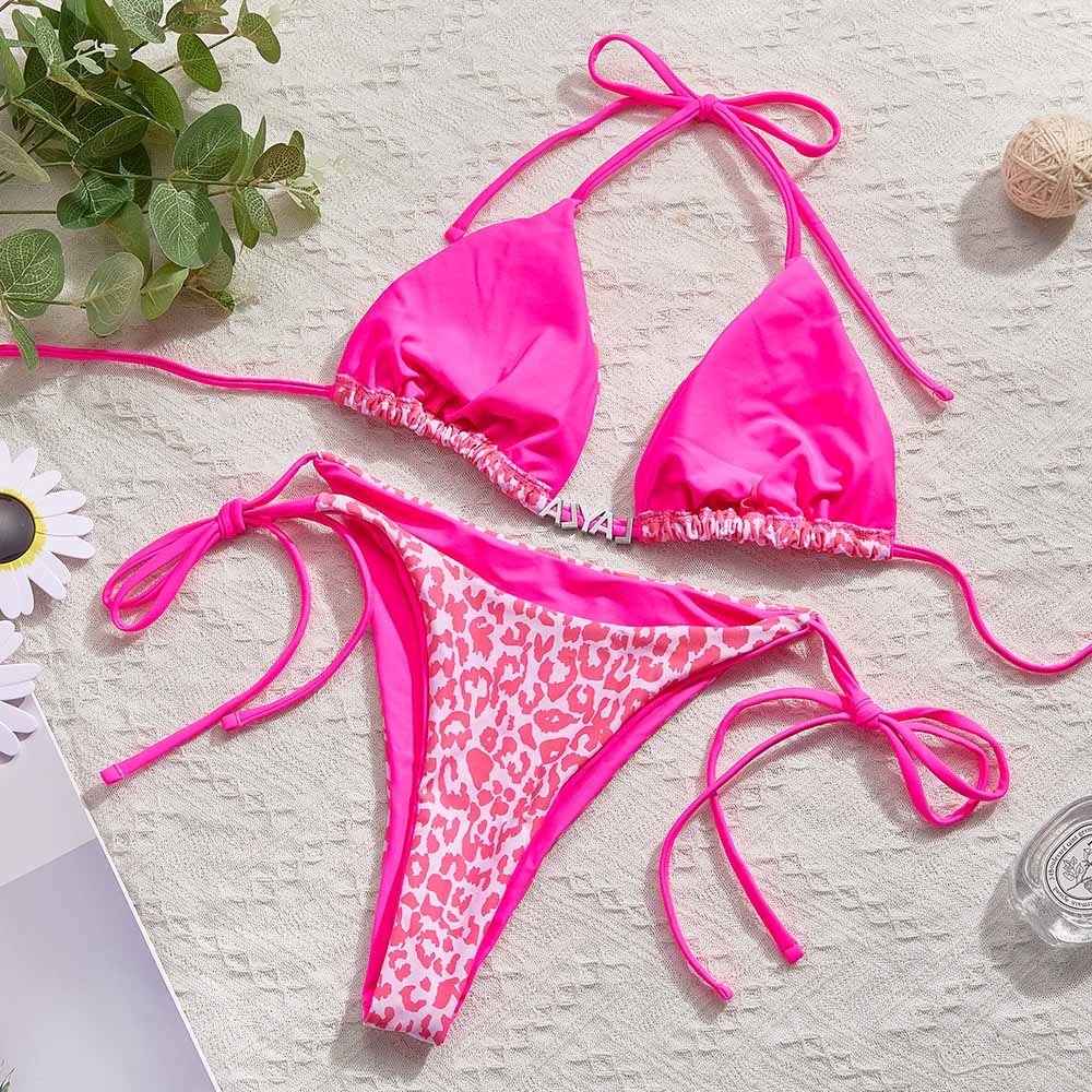 Custom Name Leopard Triangle Halter Bikini Sets Personalized Sexy DIY Crystal Letters Bikini - MyFaceBoxer