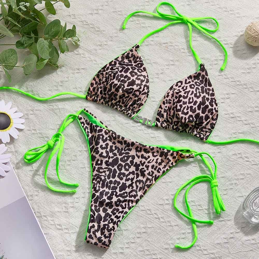 Custom Name Leopard Triangle Halter Bikini Sets Personalized Sexy DIY Crystal Letters Bikini - MyFaceBoxer