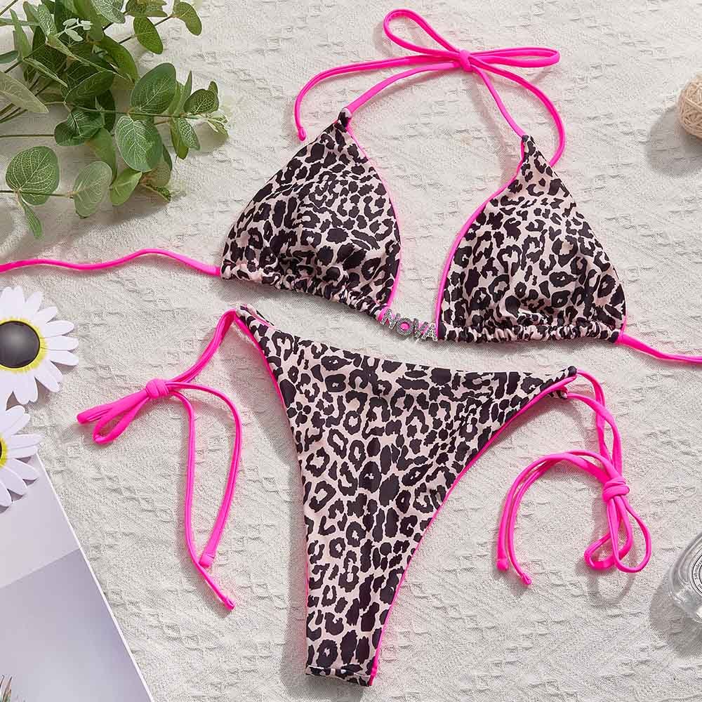 Custom Name Leopard Triangle Halter Bikini Sets Personalized Sexy DIY Crystal Letters Bikini - MyFaceBoxer