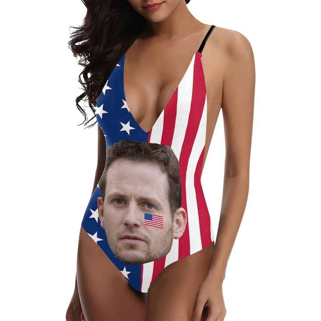 Custom Face V-Neck Bikini Women's Photo One Piece Swimsuit - USA Flag - MyFaceBoxer