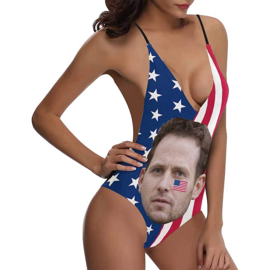 Custom Face V-Neck Bikini Women's Photo One Piece Swimsuit - USA Flag - MyFaceBoxer