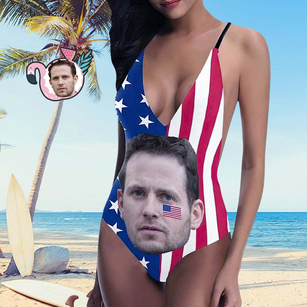 Custom Face V-Neck Bikini Women's Photo One Piece Swimsuit - USA Flag - MyFaceBoxer