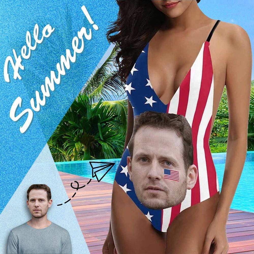 Custom Face V-Neck Bikini Women's Photo One Piece Swimsuit - USA Flag - MyFaceBoxer