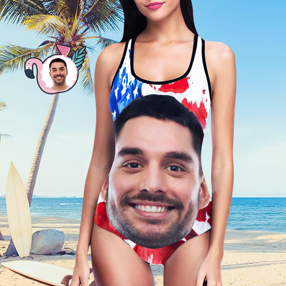 Custom Face Swimwear Women's Photo Slip One Piece Tank Top Bathing Swimsuit - Artistic USA Flag - MyFaceBoxer