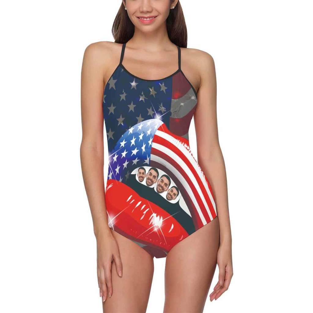 Custom Face Swimwear Women's Photo Slip One Piece Swimsuit- USA Flag With Lips - MyFaceBoxer