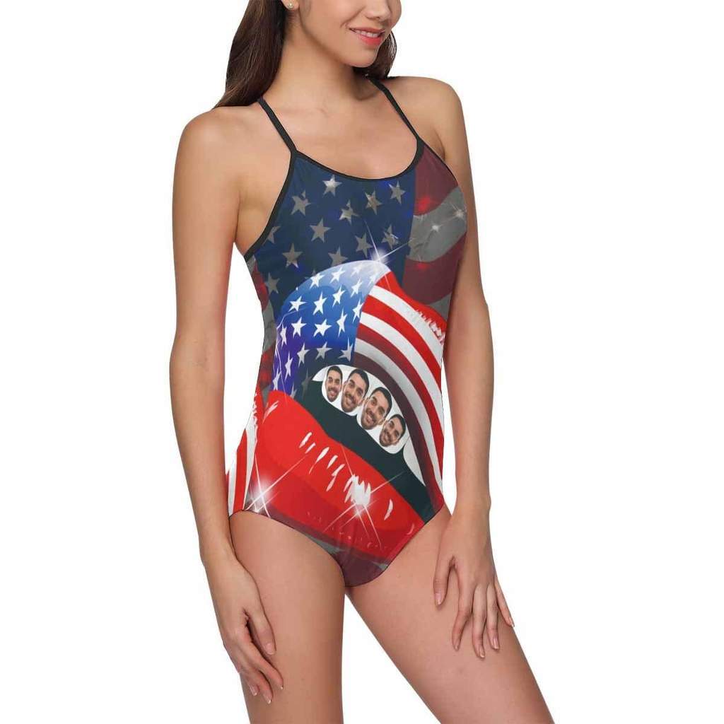 Custom Face Swimwear Women's Photo Slip One Piece Swimsuit- USA Flag With Lips - MyFaceBoxer
