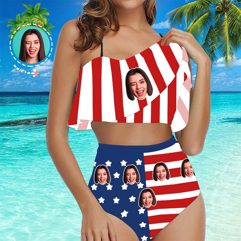 Face Swimsuit Custom Ruffle Bikini with Face High Waisted Bikini - MyFaceBoxer